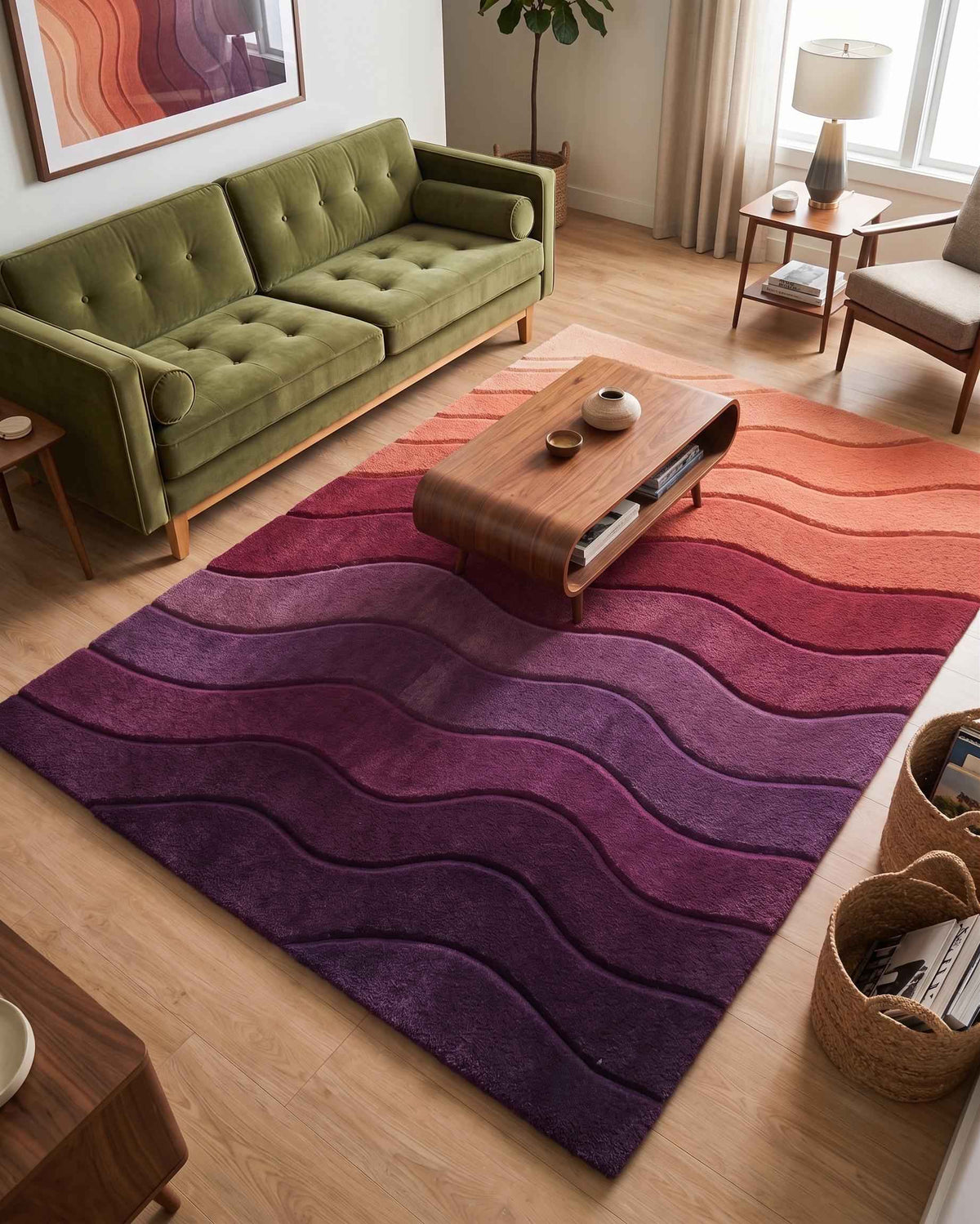 Burgundy and Plum Ombre Wave Rug – Hand Tufted Abstract Wool Rug – image 1