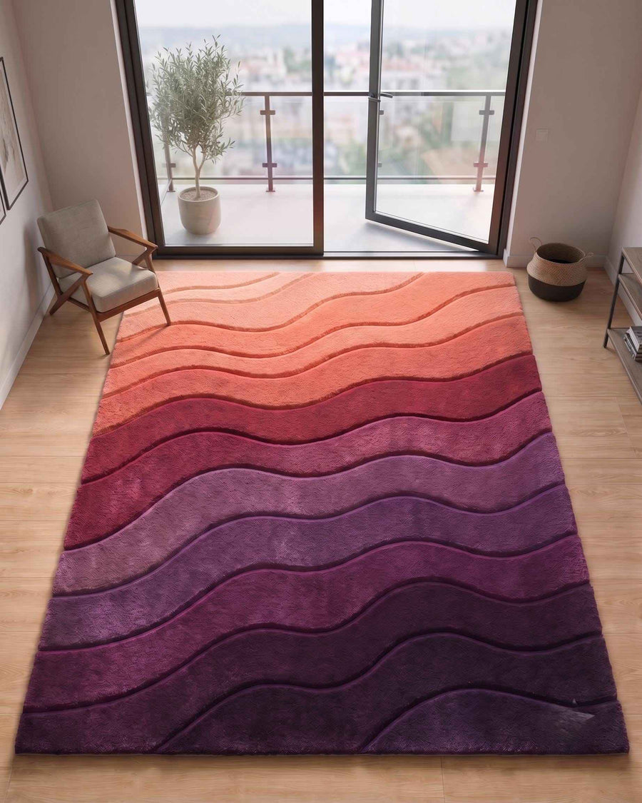 Burgundy and Plum Ombre Wave Rug – Hand Tufted Abstract Wool Rug
