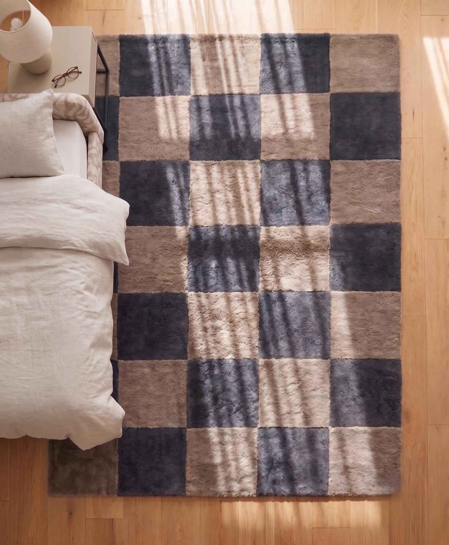 Charcoal and Taupe Checkerboard Wool Rug – Hand Tufted Modern Rug