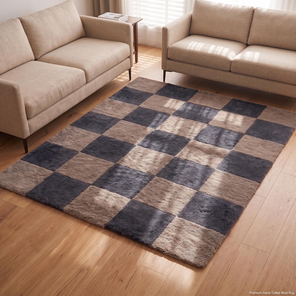 Charcoal and Taupe Checkerboard Wool Rug – Hand Tufted Modern Rug – image 1