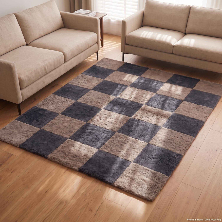 Charcoal and Taupe Checkerboard Wool Rug – Hand Tufted Modern Rug