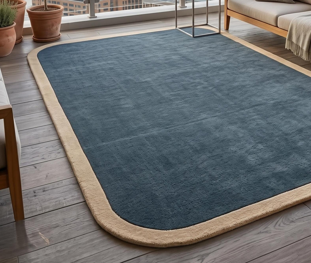 Slate Blue Wool Rug with Neutral Border – Hand Tufted Modern Rug – image 2