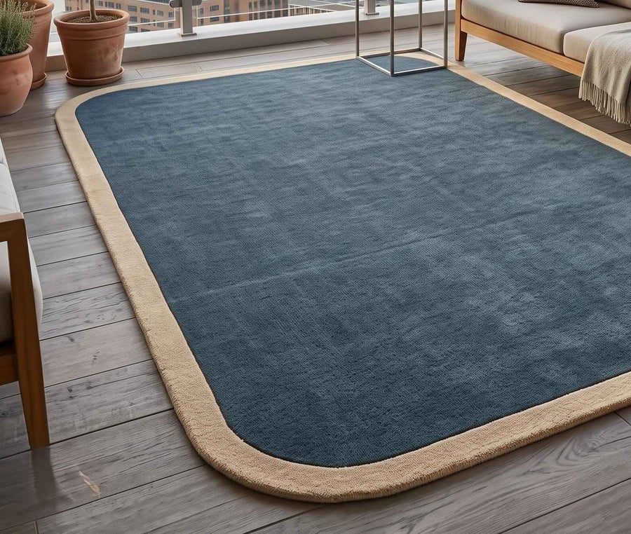 Slate Blue Wool Rug with Neutral Border – Hand Tufted Modern Rug