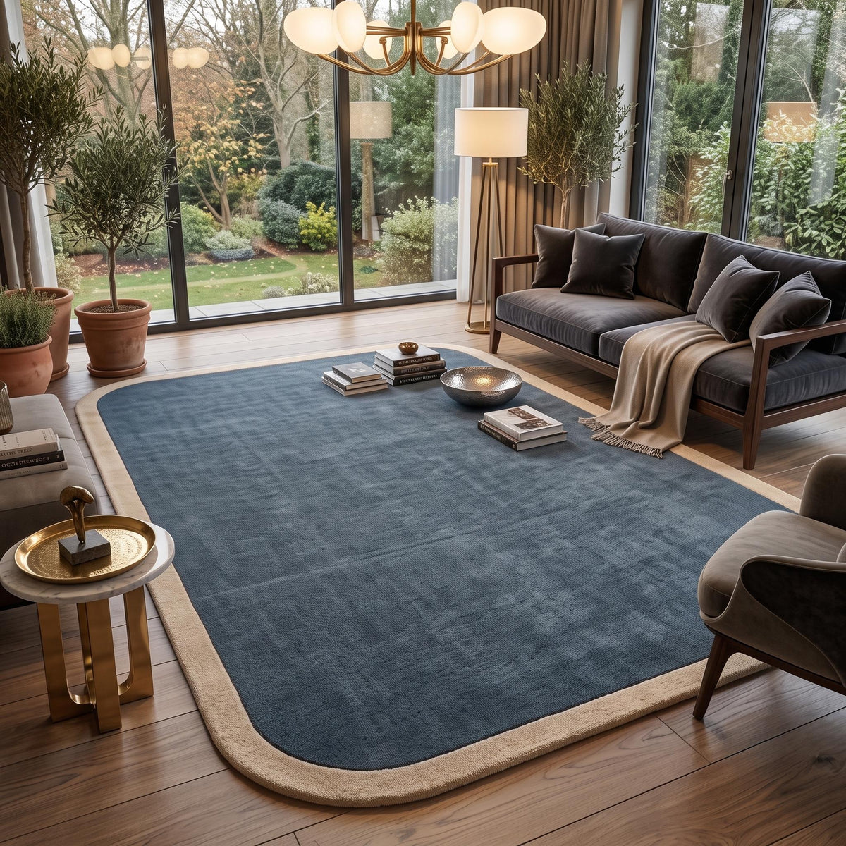 Slate Blue Wool Rug with Neutral Border – Hand Tufted Modern Rug – image 1