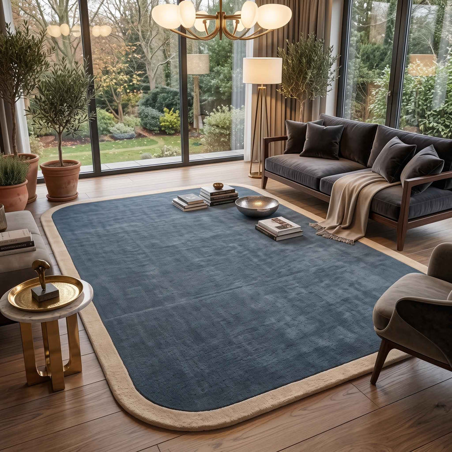 Slate Blue Wool Rug with Neutral Border – Hand Tufted Modern Rug