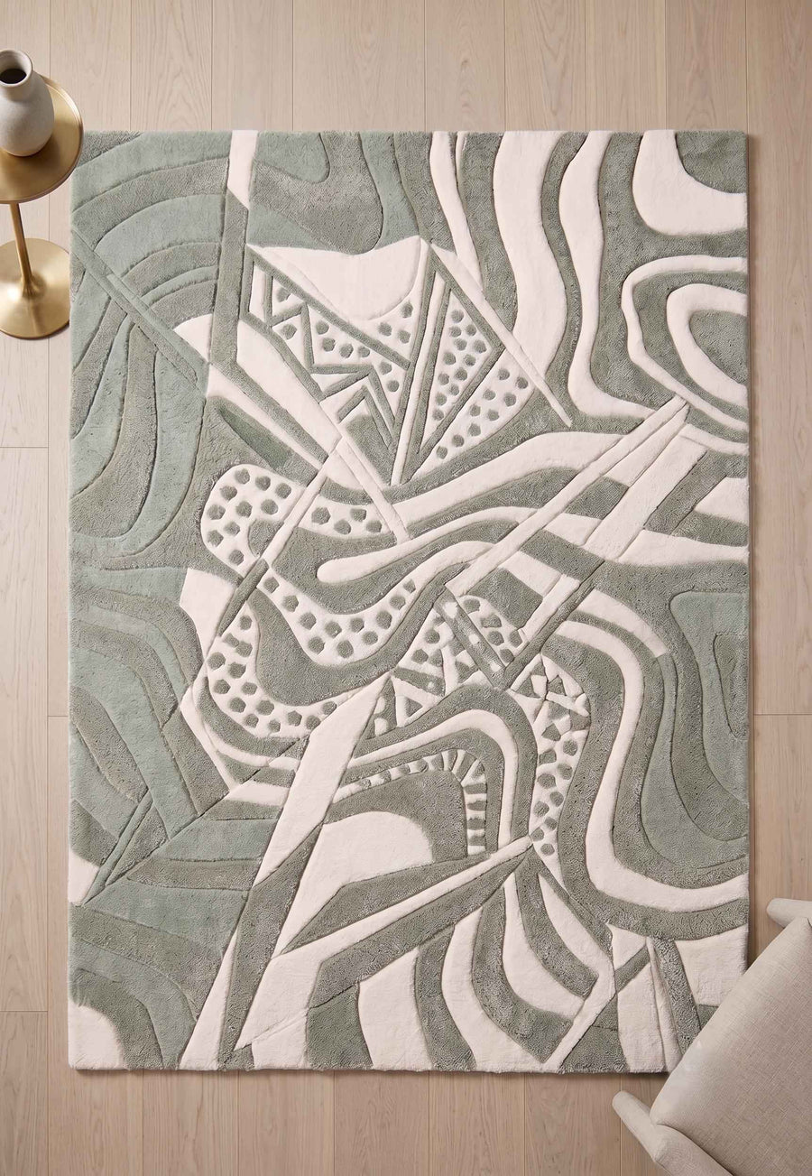 Sage Green Abstract Sculpted Wool Rug – Hand Tufted Organic Modern Rug
