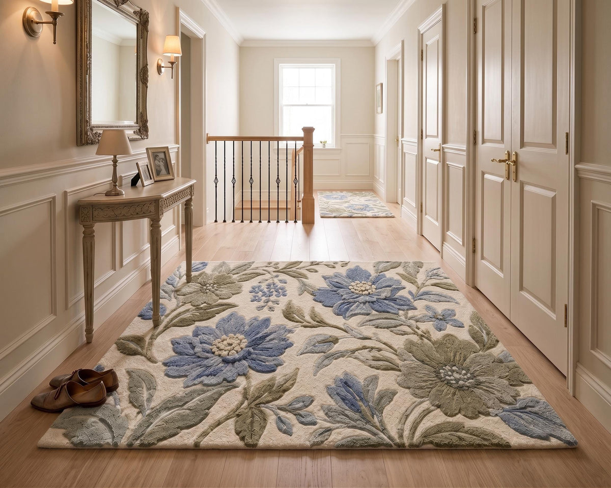 Cream and Sage Blue Floral Wool Rug – Hand Tufted Botanical Rug – image 5