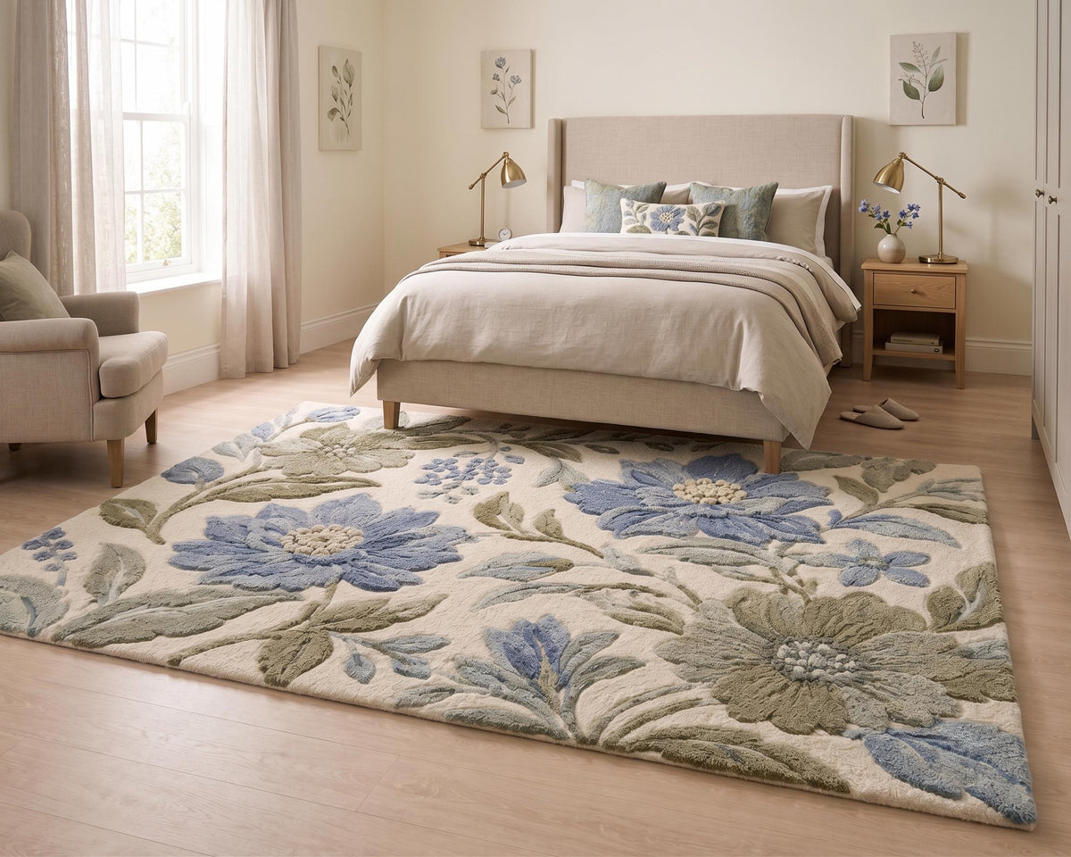 Cream and Sage Blue Floral Wool Rug – Hand Tufted Botanical Rug – image 4