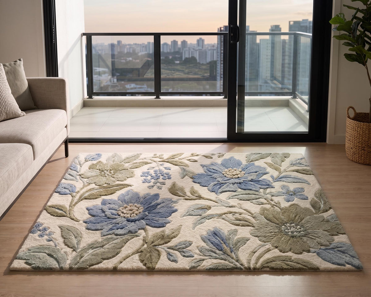 Cream and Sage Blue Floral Wool Rug – Hand Tufted Botanical Rug – image 6