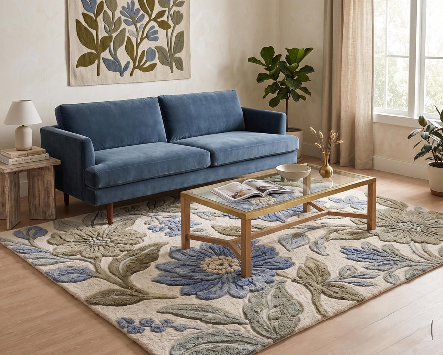 Cream and Sage Blue Floral Wool Rug – Hand Tufted Botanical Rug – image 1