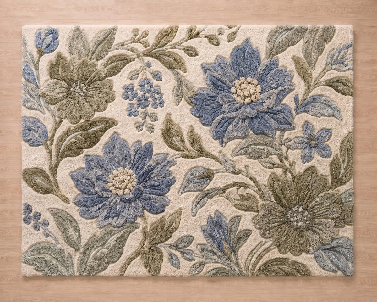 Cream and Sage Blue Floral Wool Rug – Hand Tufted Botanical Rug – image 3
