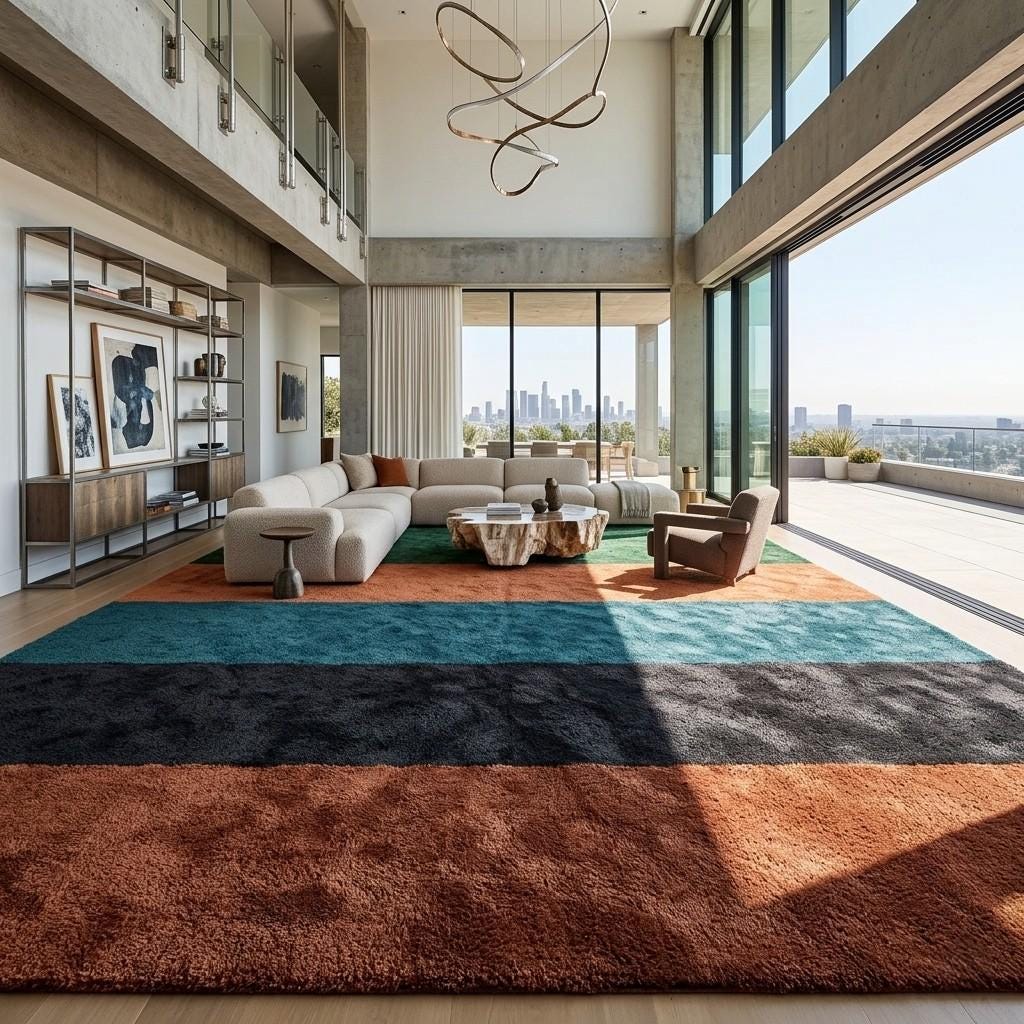 Colour Block Striped Wool Rug – Hand Tufted Green, Rust, Teal and Navy – image 3