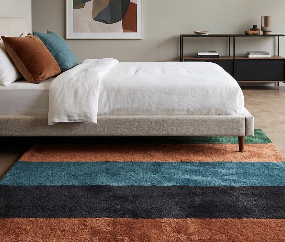 Colour Block Striped Wool Rug – Hand Tufted Green, Rust, Teal and Navy – image 6