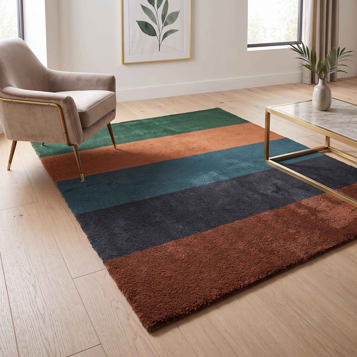Colour Block Striped Wool Rug – Hand Tufted Green, Rust, Teal and Navy – image 1