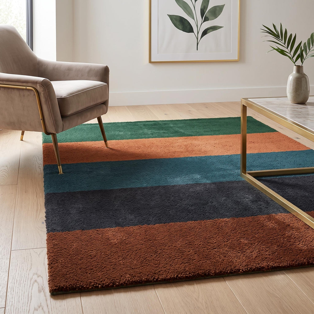 Colour Block Striped Wool Rug – Hand Tufted Green, Rust, Teal and Navy – image 2