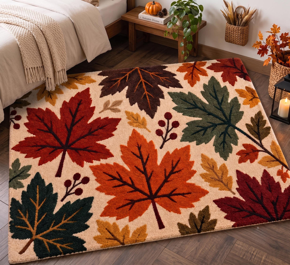 Autumn Maple Leaf Wool Rug – Hand Tufted Terracotta and Burgundy Rug – image 3