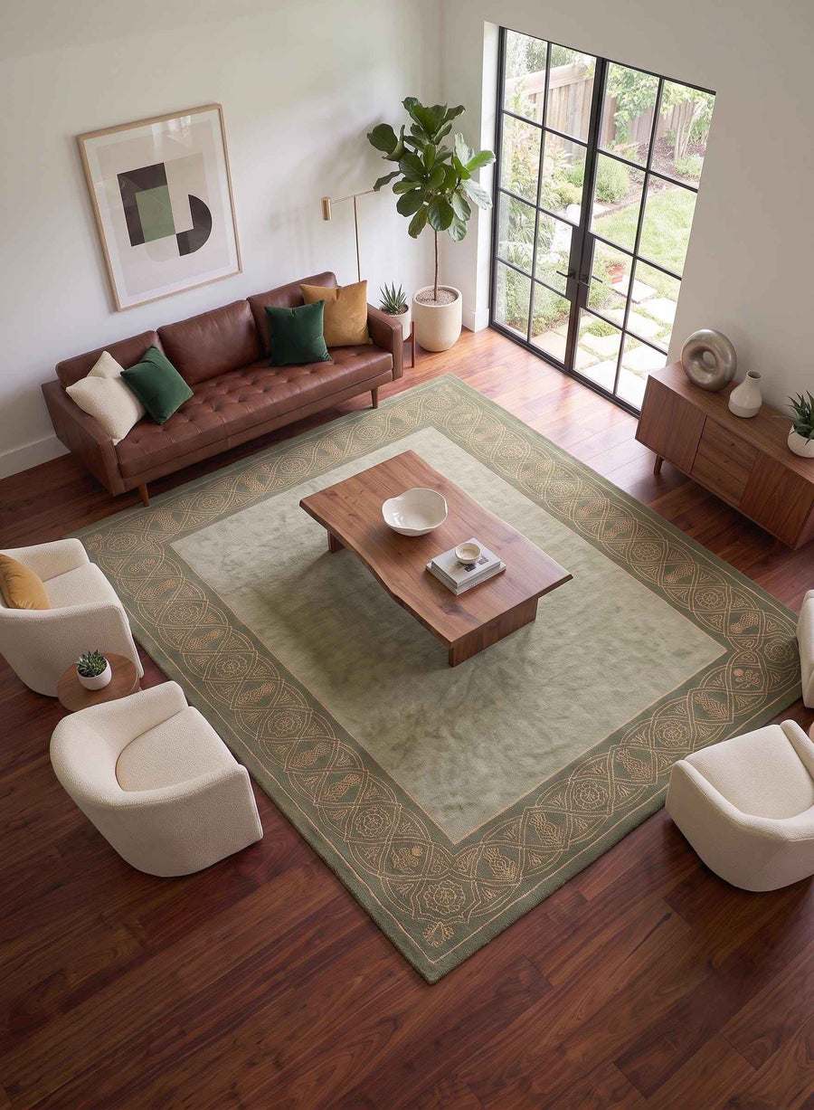 Olive Green Floral Border Rug – Hand Tufted Traditional Wool Rug