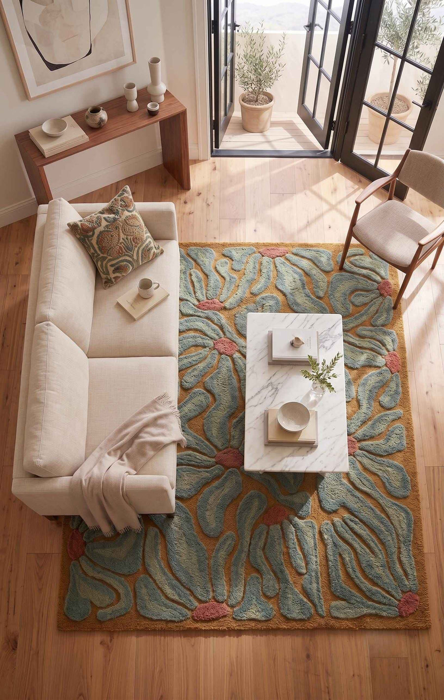 Sage Green and Mustard Daisy Rug – Hand Tufted 70s Retro Floral Wool Rug
