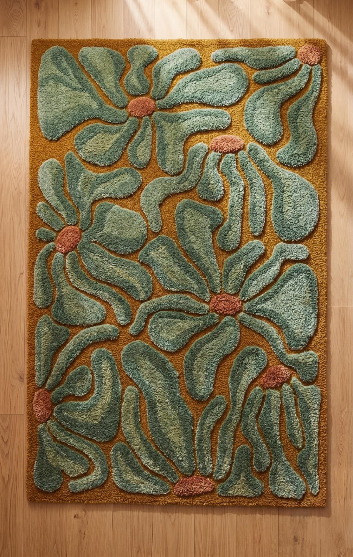 Sage Green and Mustard Daisy Rug – Hand Tufted 70s Retro Floral Wool Rug – image 6