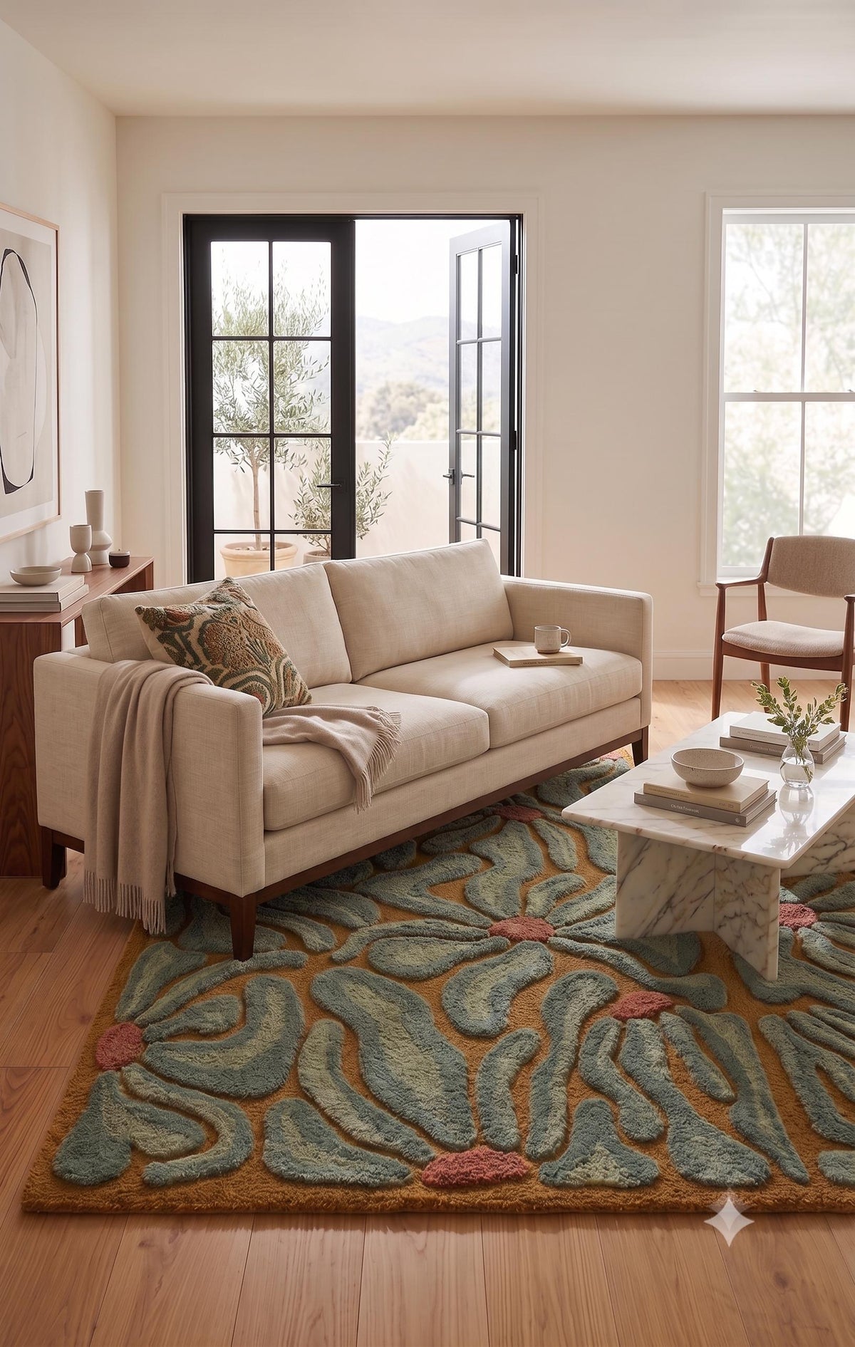Sage Green and Mustard Daisy Rug – Hand Tufted 70s Retro Floral Wool Rug – image 4