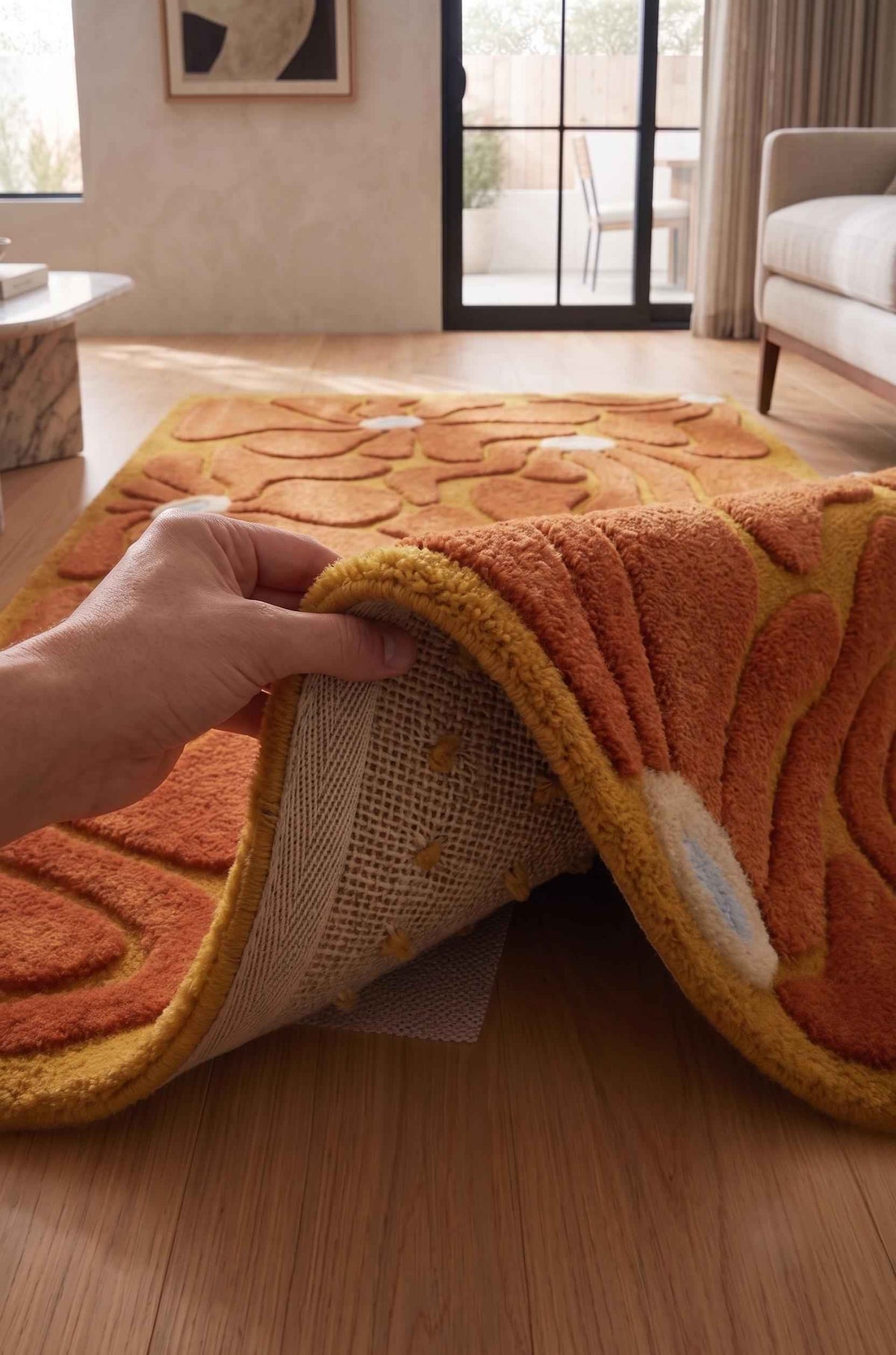 Terracotta and Mustard Retro Floral Rug – Hand Tufted 70s Wool Rug – image 5