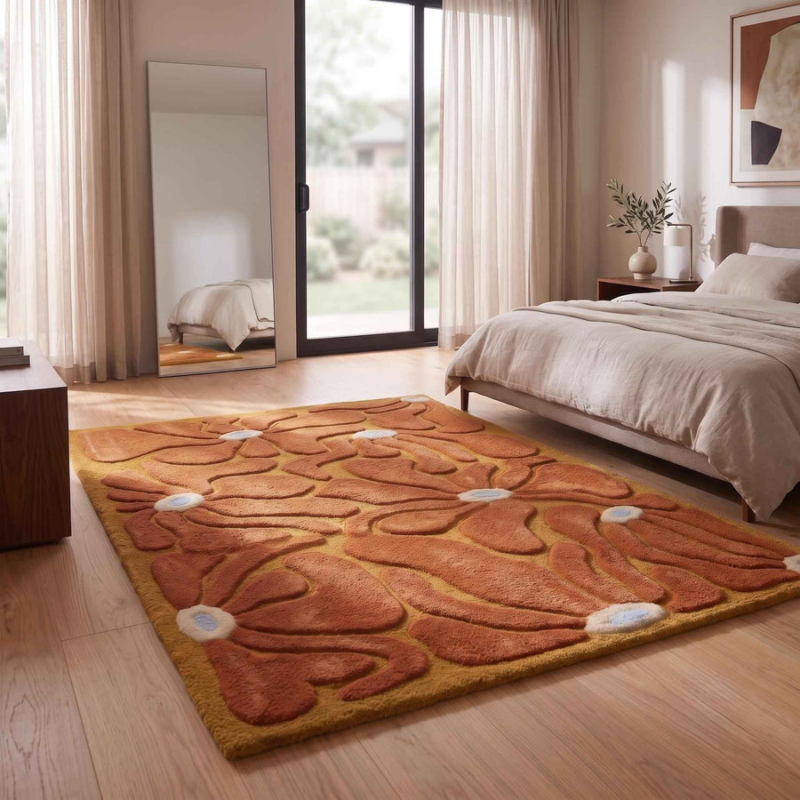 Terracotta and Mustard Retro Floral Rug – Hand Tufted 70s Wool Rug