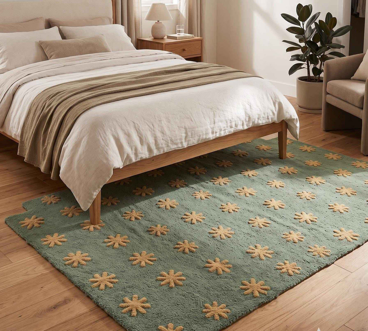 Olive Green Starburst Rug – Hand Tufted Mid Century Modern Wool Rug