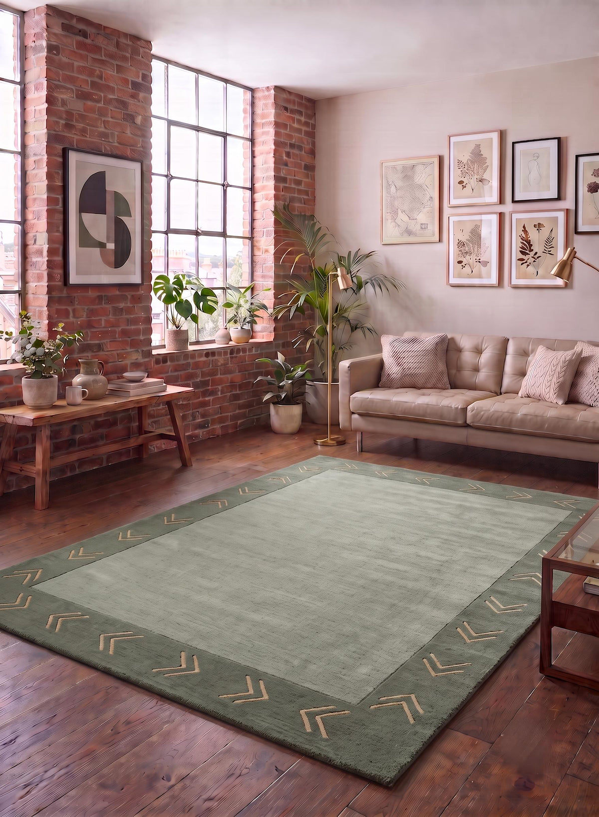 Sage Green Chevron Border Wool Rug – Hand Tufted Vintage Modern Rug – image 1