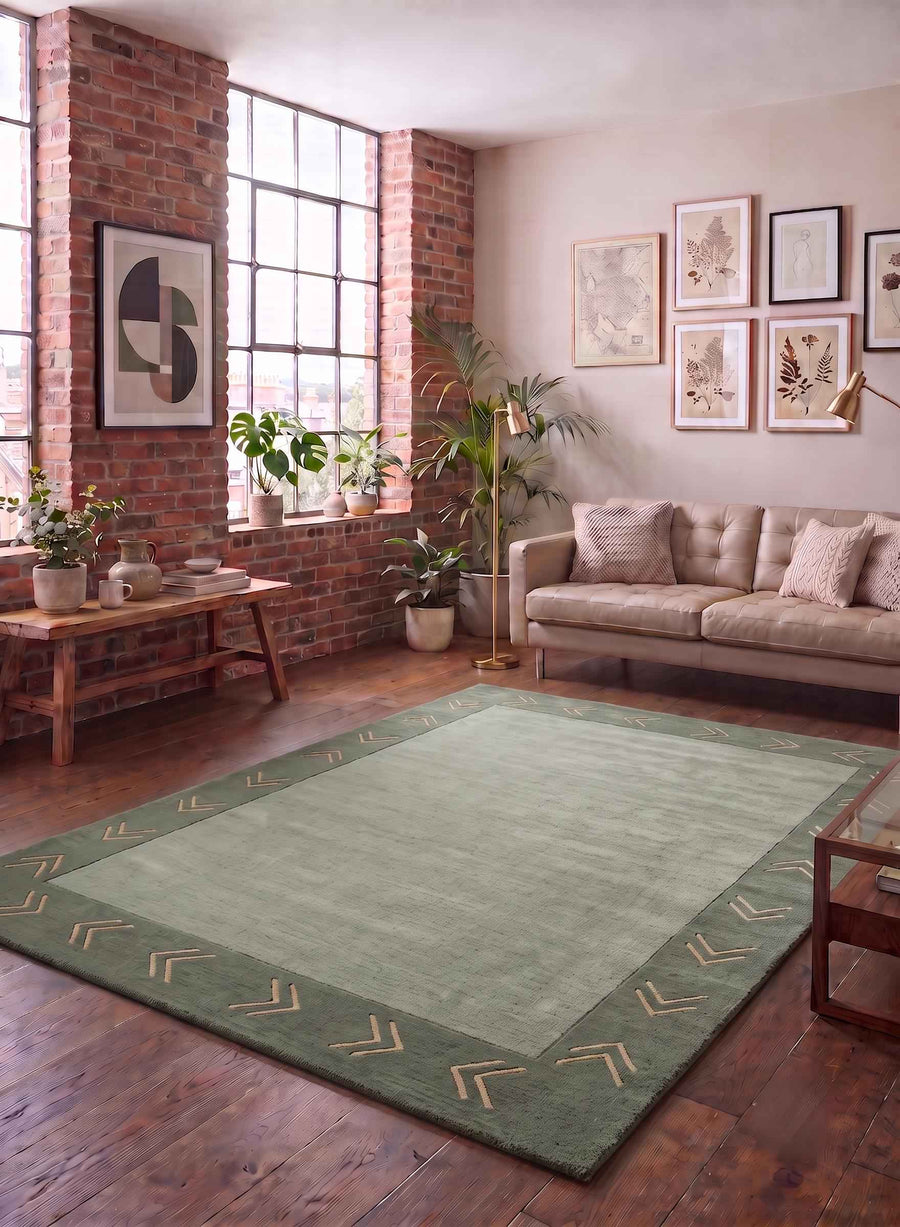 Sage Green Chevron Border Wool Rug – Hand Tufted Vintage Modern Rug