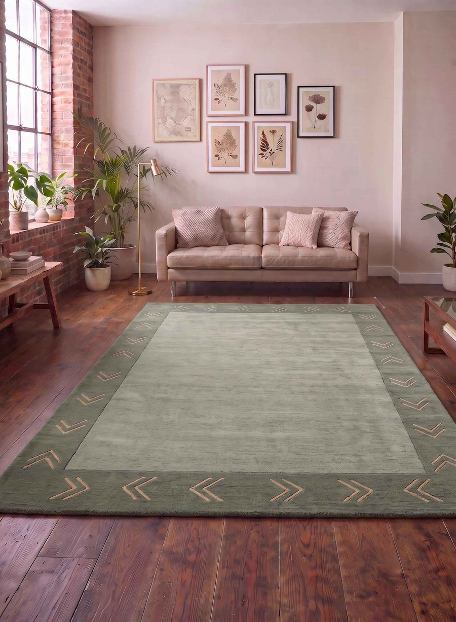 Sage Green Chevron Border Wool Rug – Hand Tufted Vintage Modern Rug
