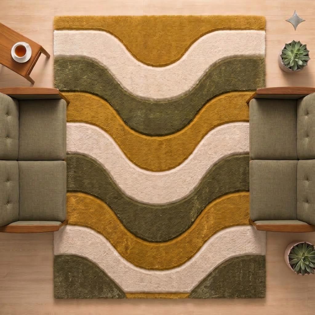 Mustard and Olive Wave Rug – Hand Tufted Earthy Abstract Wool Rug – image 2