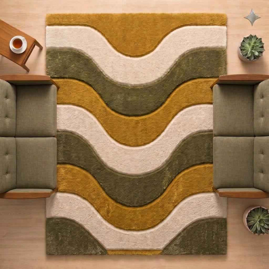 Mustard and Olive Wave Rug – Hand Tufted Earthy Abstract Wool Rug
