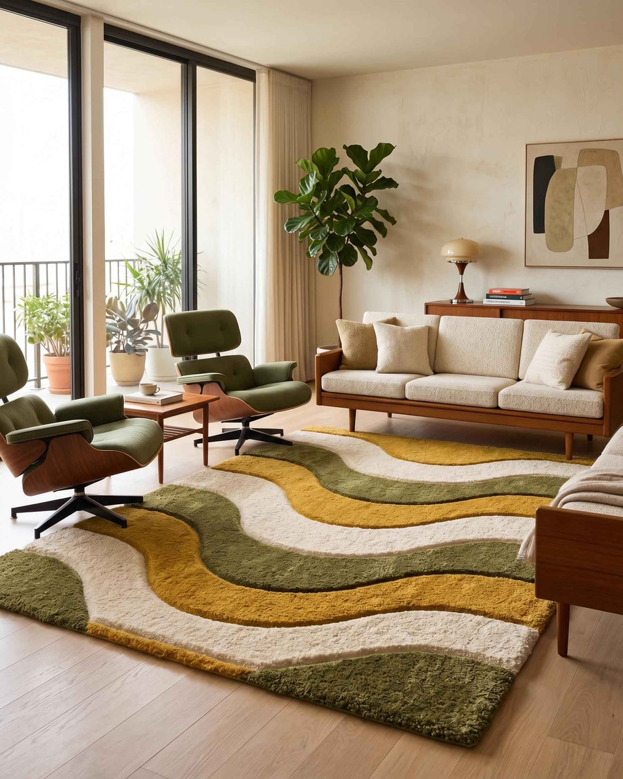 Mustard and Olive Wave Rug – Hand Tufted Earthy Abstract Wool Rug