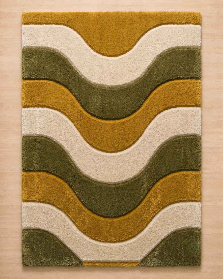 Mustard and Olive Wave Rug – Hand Tufted Earthy Abstract Wool Rug