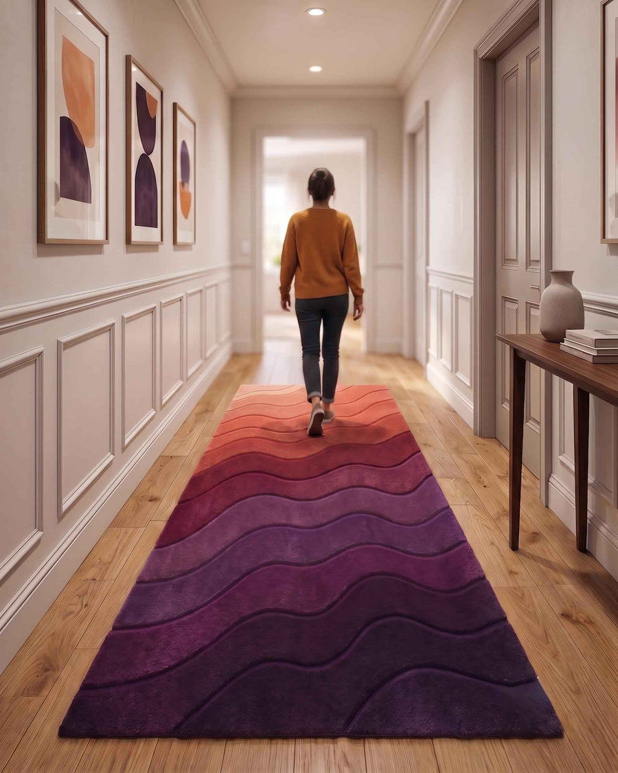 Burgundy and Plum Ombre Wave Rug – Hand Tufted Abstract Wool Rug