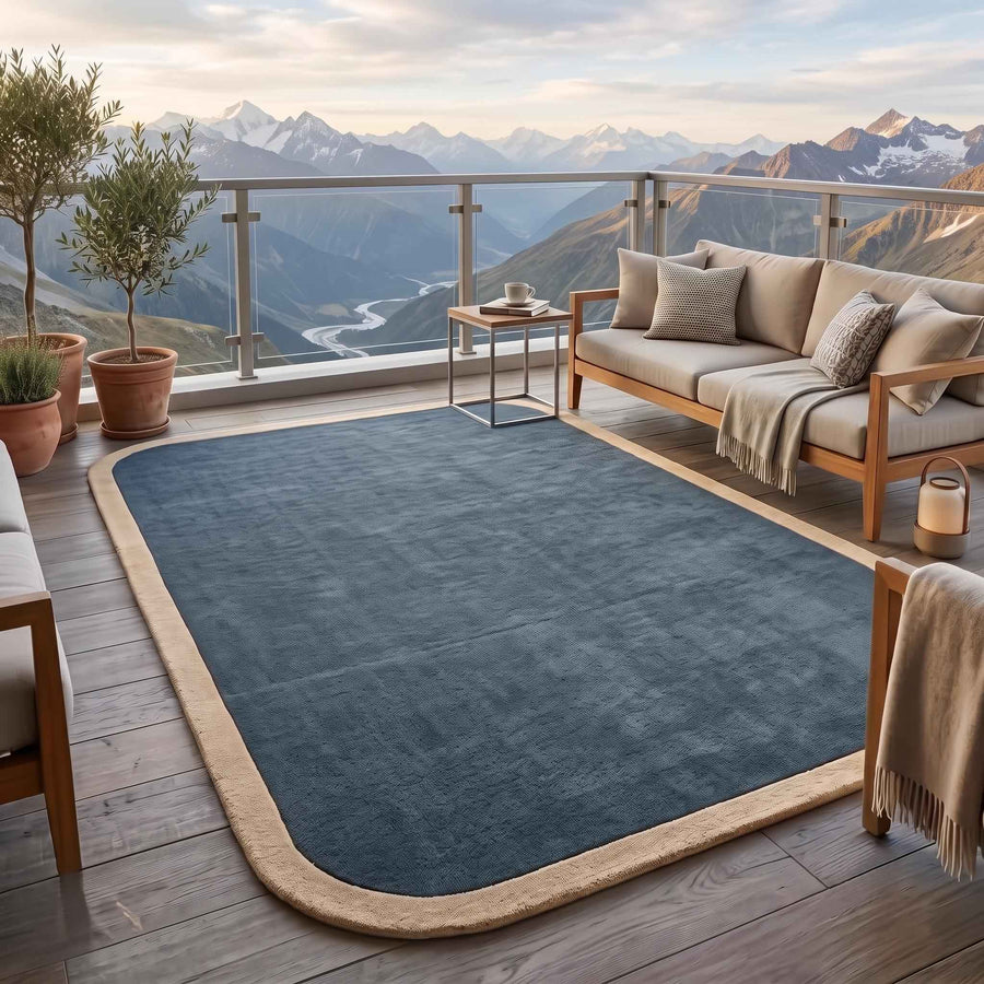 Slate Blue Wool Rug with Neutral Border – Hand Tufted Modern Rug