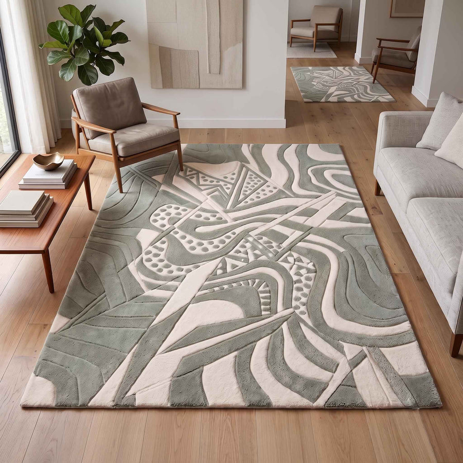 Sage Green Abstract Sculpted Wool Rug – Hand Tufted Organic Modern Rug