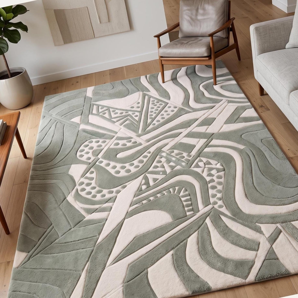 Sage Green Abstract Sculpted Wool Rug – Hand Tufted Organic Modern Rug – image 5