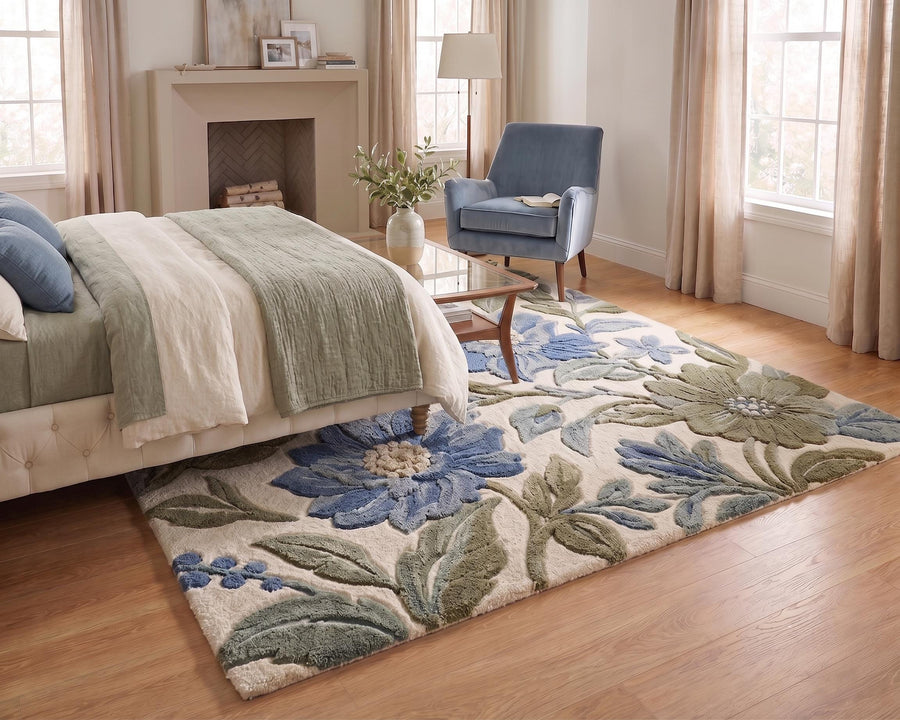 Cream and Sage Blue Floral Wool Rug – Hand Tufted Botanical Rug – image 2