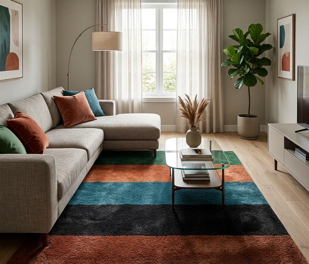 Colour Block Striped Wool Rug – Hand Tufted Green, Rust, Teal and Navy – image 5