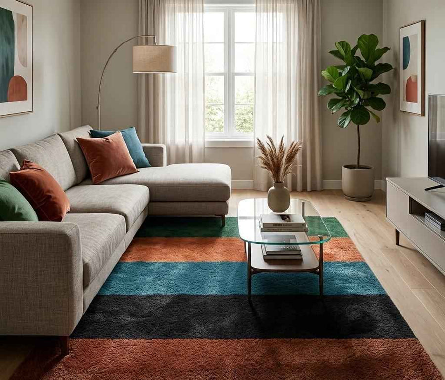 Colour Block Striped Wool Rug – Hand Tufted Green, Rust, Teal and Navy