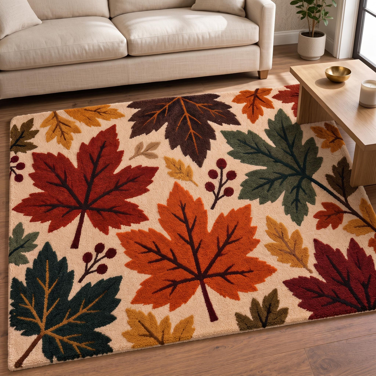 Autumn Maple Leaf Wool Rug – Hand Tufted Terracotta and Burgundy Rug – image 1
