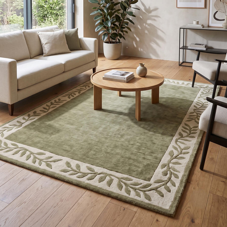 Sage Green Leaf Border Wool Rug – Hand Tufted Earthy Vintage Rug – image 1
