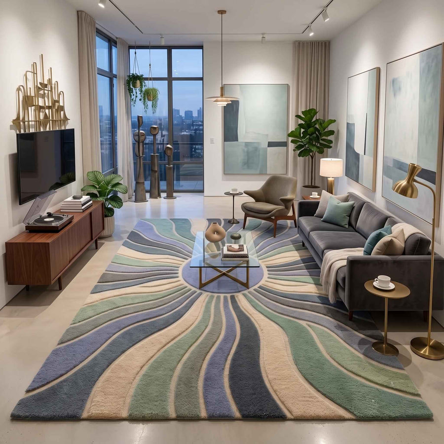 Sage and Dusty Blue Wavy Wool Rug – Hand Tufted Organic Modern Rug