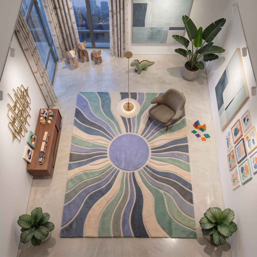 Sage and Dusty Blue Wavy Wool Rug – Hand Tufted Organic Modern Rug
