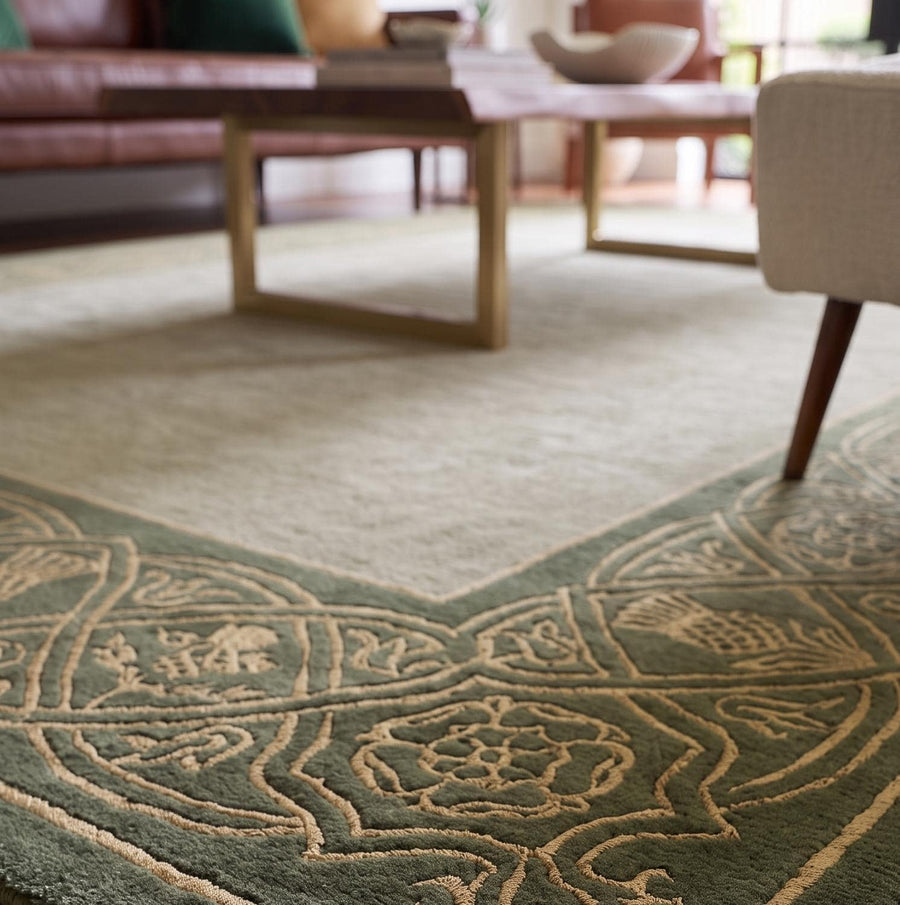 Olive Green Floral Border Rug – Hand Tufted Traditional Wool Rug – image 2