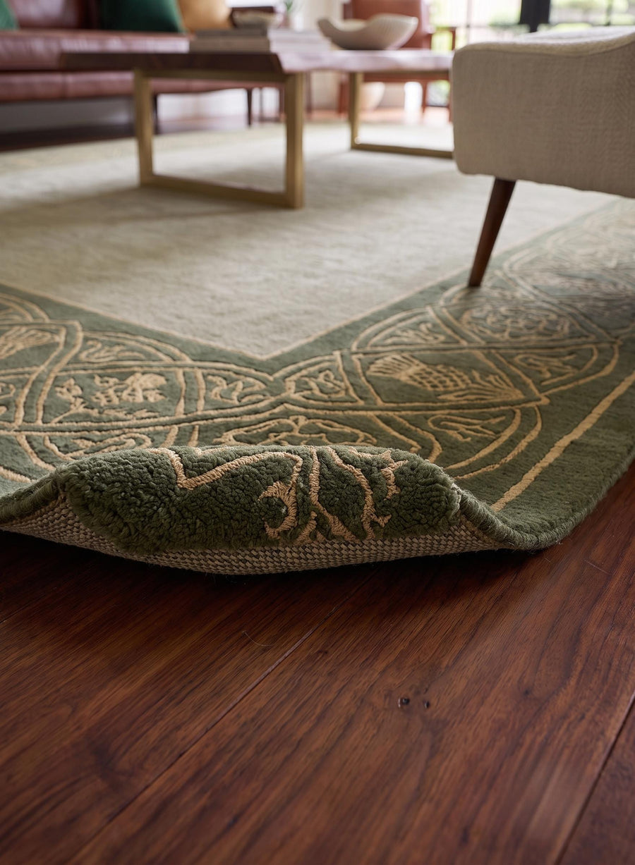 Olive Green Floral Border Rug – Hand Tufted Traditional Wool Rug – image 3