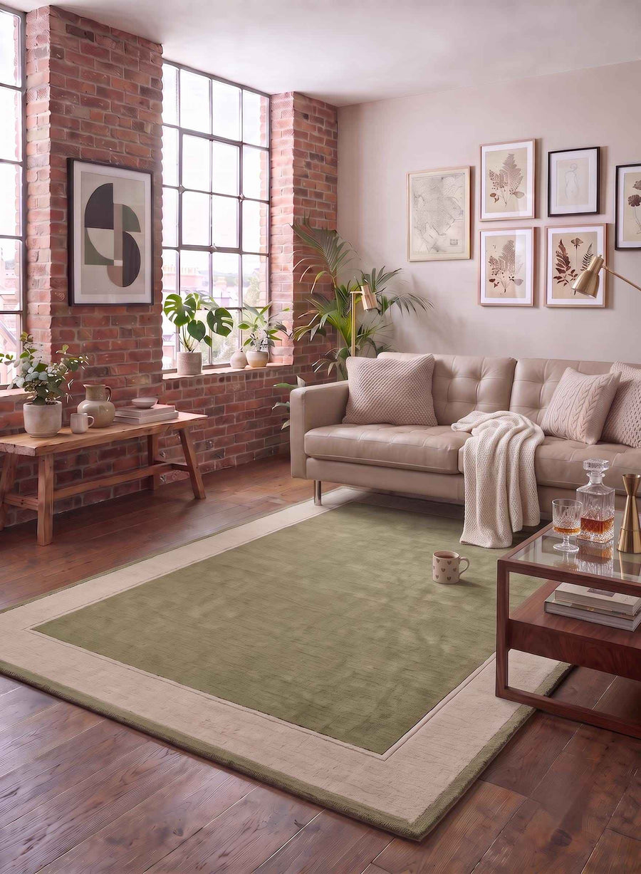 Sage Green Border Wool Rug – Hand Tufted Earthy Vintage Style Rug