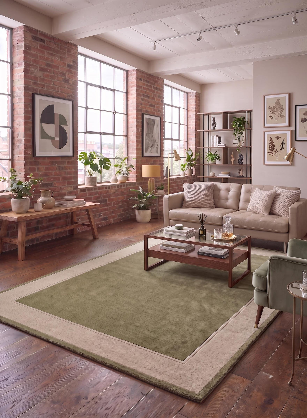 Sage Green Border Wool Rug – Hand Tufted Earthy Vintage Style Rug – image 7
