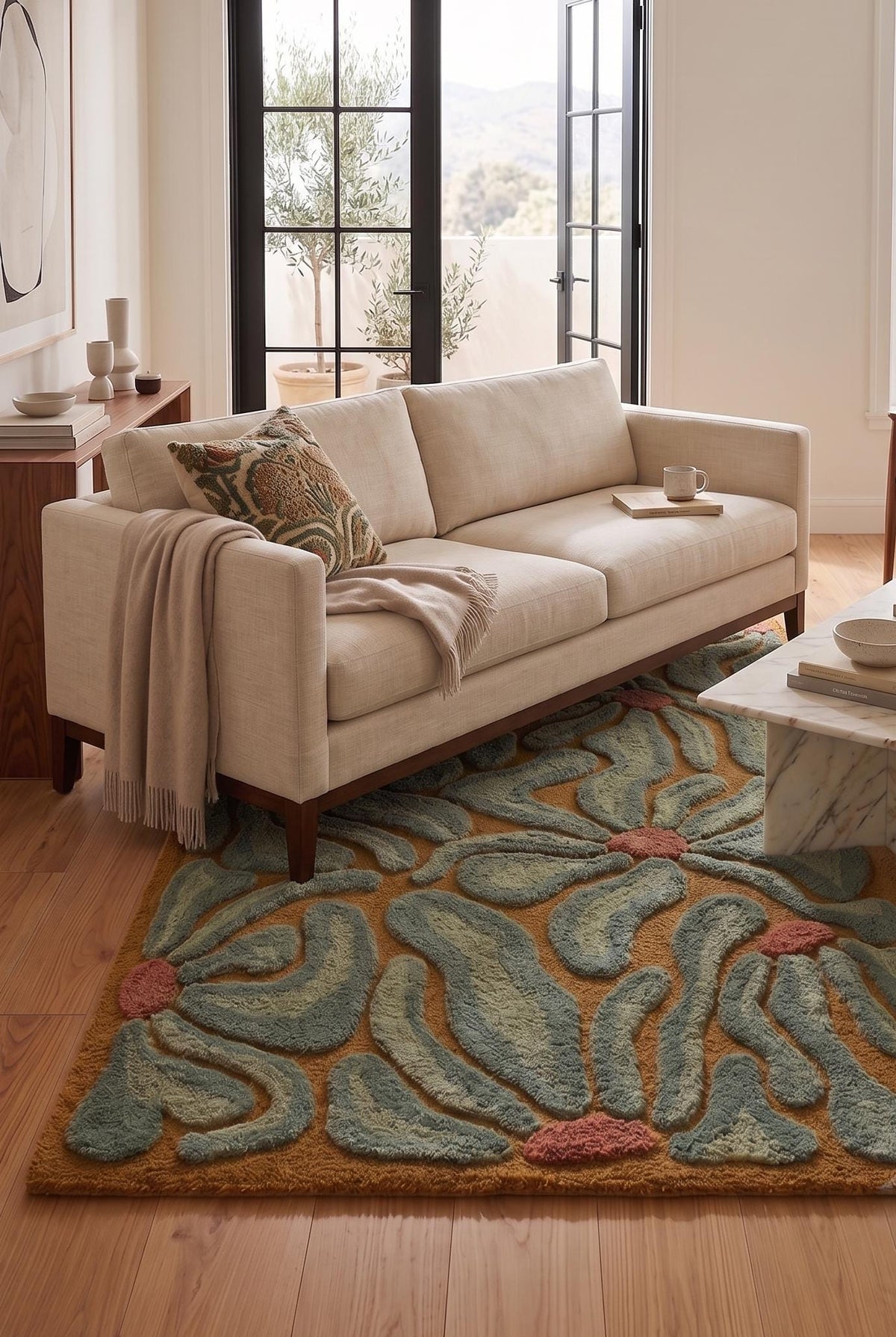 Sage Green and Mustard Daisy Rug – Hand Tufted 70s Retro Floral Wool Rug – image 5